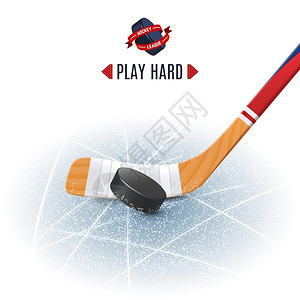 冰球运动海报与木棒冰球现实矢量插图曲棍球棒冰球图片