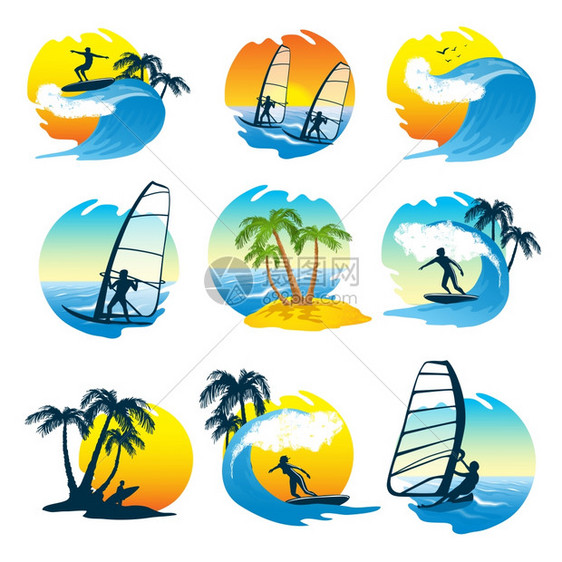 冲浪图标与人冲浪图标与太阳海滩人们波浪孤立矢量插图图片