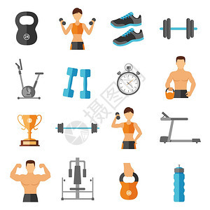 健身平风格图标健身平风格图标与运动员设备齿轮隔离矢量插图图片