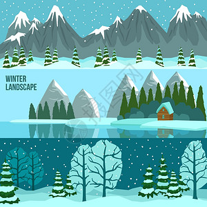 冬季景观全景横幅三个水平平横幅冬季景观与全景山,湖泊森林矢量插图图片