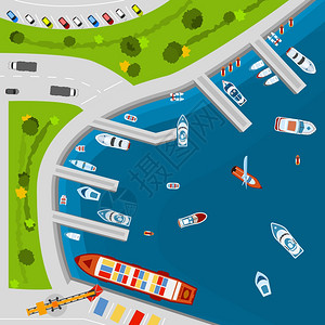 滨水步道海滨港口鸟瞰海报海滨码头码头区与货船顶部的海报平抽象矢量插图插画