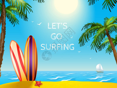 夏季旅游海报冲浪板背景暑假旅游海报冲浪板海星海景帆船背景矢量插图图片