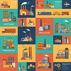 用同类型的工业企业图标平颜色图标同类型的工业企业运输模式矢量插图图片