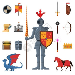 中世纪王国骑士平图标中世纪王国传奇装甲骑士战士与兰斯属平图标抽象孤立矢量插图图片