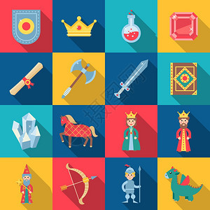 童话游戏盾牌剑冠宝石孤立矢量插图童话游戏集图片