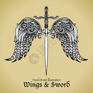 复古剑与哥特式装饰翅膀皇家章素描矢量插图翅膀剑图片