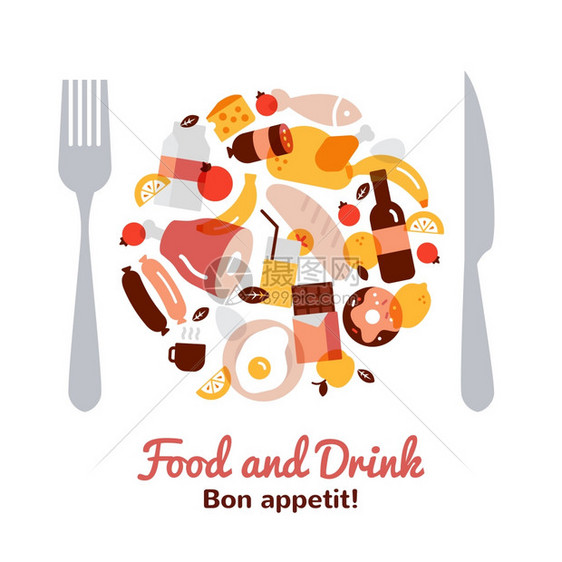 食物饮料的食物饮料的盘子形状与叉子刀平矢量插图图片