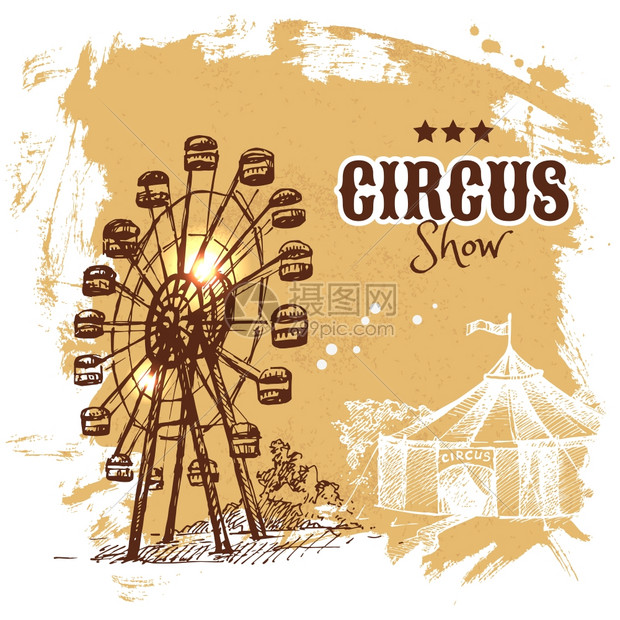 手绘素描马戏娱乐活动矢量插图嘉华复古海报背景