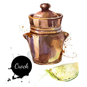厨房草药香料横幅矢量插图发酵泡菜泡菜的水彩陶器图片