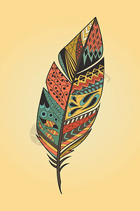 老式部落民族手画彩色羽毛,矢量插图图片