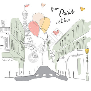 巴黎街明信片,埃菲尔铁塔气球,手绘,矢量插图图片
