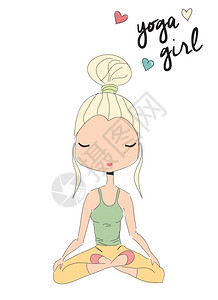 瑜伽女孩坐莲花姿势,手绘,矢量插图图片