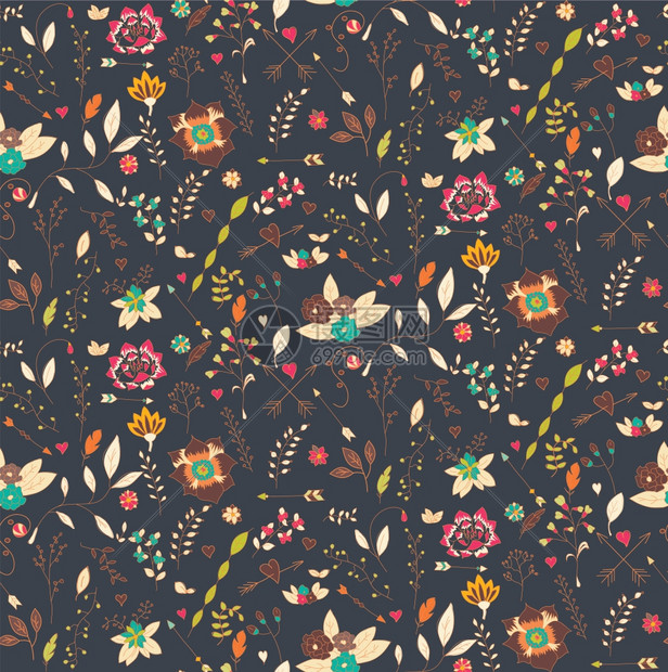 波西米亚手绘花卉,无缝图案,矢量插图