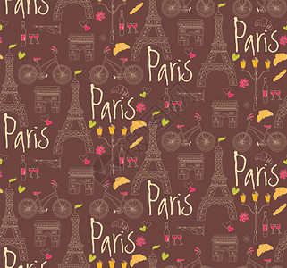巴黎符号,明信片,无缝图案,手绘,矢量插图图片