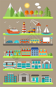 扁平的城市信息与城市建筑,树木汽车矢量插图图片
