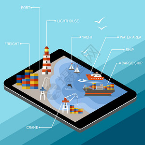 平板电脑屏幕上的海港港口的基础设施采用平的风格海运矢量插图图片