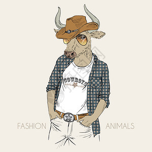 拟人化手绘公牛的插图,打扮成牛仔图片
