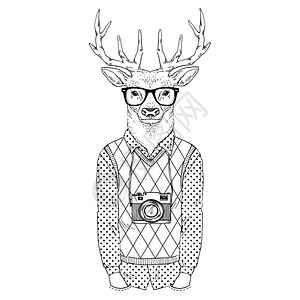 拟人化穿着时髦风格的鹿的时尚插图图片