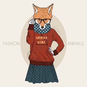 时尚动物插图,毛茸茸的艺术,狐狸呆子女孩图片