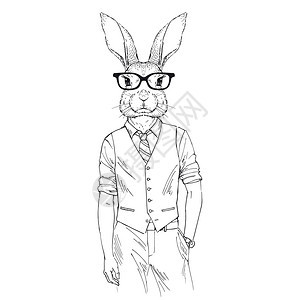 拟人化手绘兔子装扮成办公室风格的插图图片