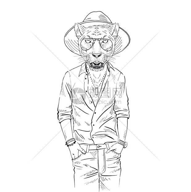 拟人化手绘了幅白色的装扮黑豹的彩色素描