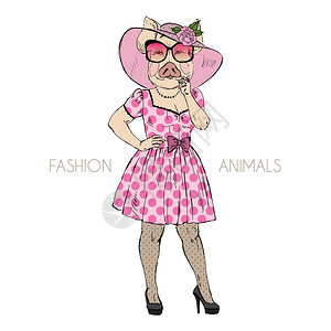 粉红色帽子打扮成小猪女孩插画