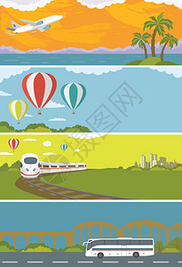 套彩色旅行横幅与平飞行飞机,火车,公共汽车,热气球运输图片