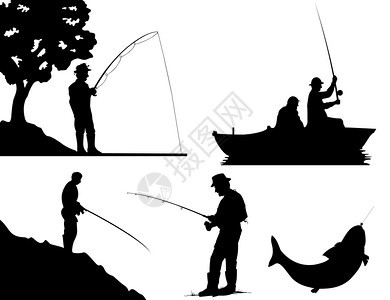 钓鱼黑色渔民的剪影矢量插图图片