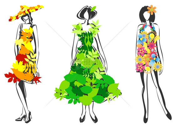 自然时尚穿着叶子花裙子的女孩矢量插图图片