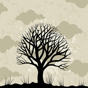 老树老树着灰色的天空矢量插图背景图片