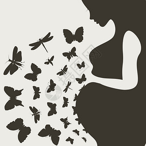 怀孕的女孩蝴蝶飞矢量插图图片