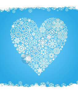 雪心蓝色背景上由雪花制成的心矢量插图图片