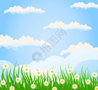 夏天3草地上的草蓝天矢量插图图片