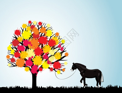 树马黑马被粘棵秋树上矢量插图图片