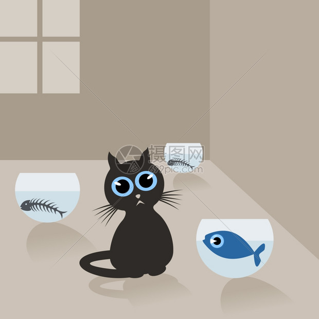房子里的猫房子里的猫水族馆里的鱼矢量插图图片