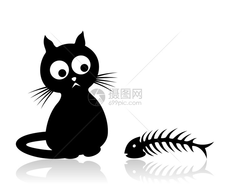 猫2猫坐着看着根鱼骨矢量插图图片