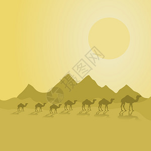 骆驼队走沙漠上矢量插图图片