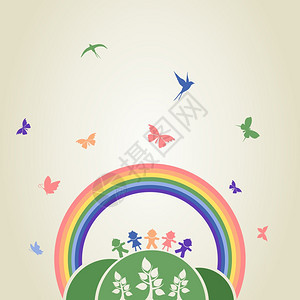彩虹下的小山上的孩子矢量插图图片