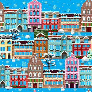 冬季房屋雪无缝图案矢量插图图片