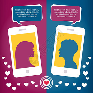 情侣虚拟爱情交谈用手机短信MMS矢量插图图片