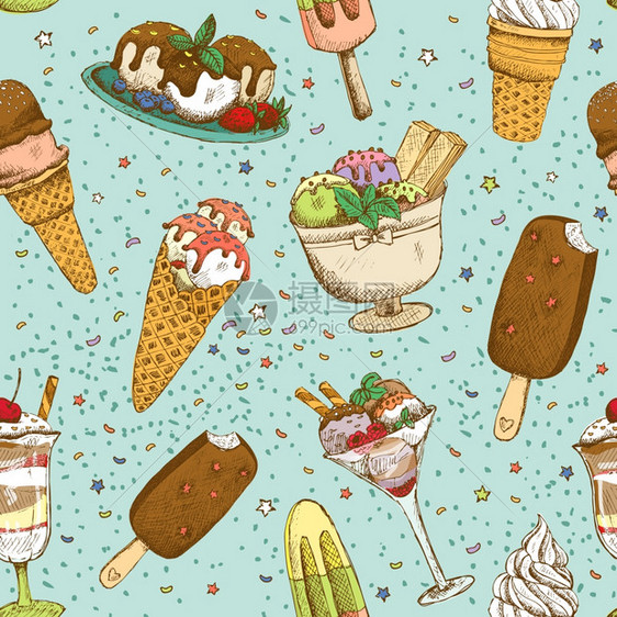 冰淇淋无缝甜背景图案矢量插图图片