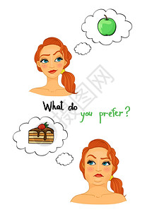胖瘦的女人脸上,选择正确的饮食,吃苹果而糕点矢量插图图片