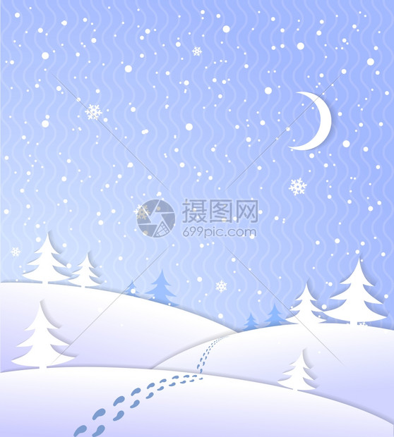 冬季背景与降雪脚印月亮森林矢量插图图片