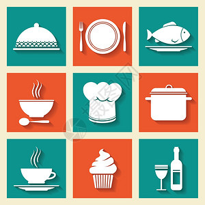 餐厅咖啡厅图标烹饪帽子菜厨房用品孤立矢量插图图片