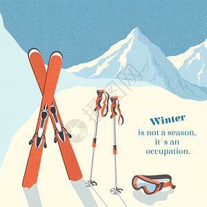 滑雪冬季山地景观背景复古海报矢量插图图片