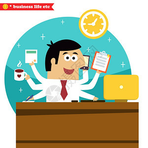 商业生活多任务多用途的商人,所行业与咖啡电话桌计算机矢量插图图片