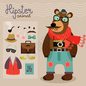 时尚人物包为极客动物泰迪熊与配件服装部元素矢量插图图片