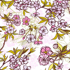 无缝背景图案与开花樱桃樱花元素矢量插图图片