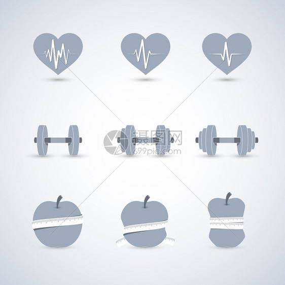 健身运动进展图标集心率力量苗条孤立矢量插图图片