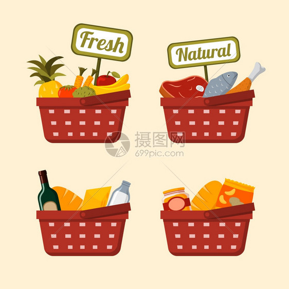 购物篮与超市新鲜天然蔬菜水果肉鸡鱼分离矢量插图图片